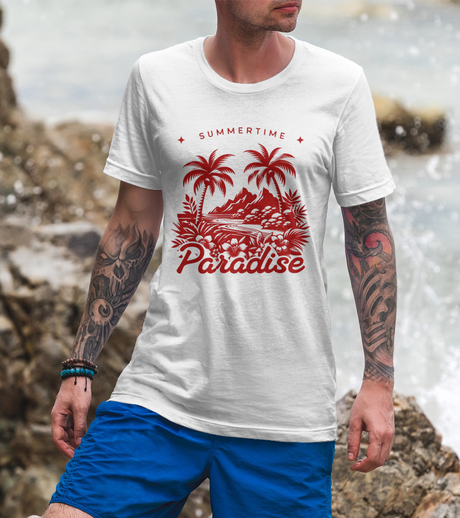 Summertime Paradise Palm Trees And Mountains Landscape T-Shirt