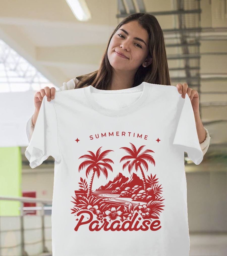 Summertime Paradise Palm Trees And Mountains Landscape T-Shirt