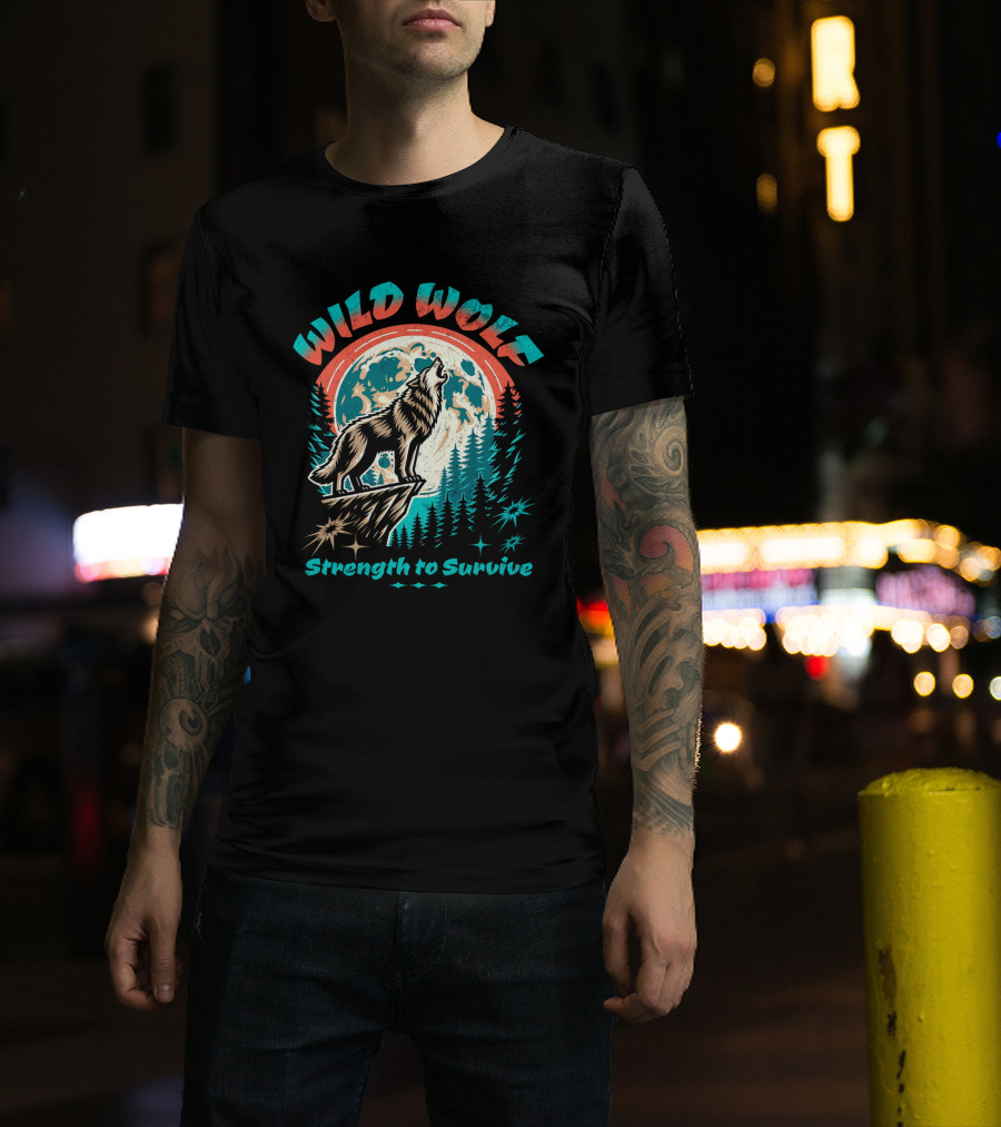 WILD WOLF Strength To Survive Full Moon Forest Scene T-Shirt