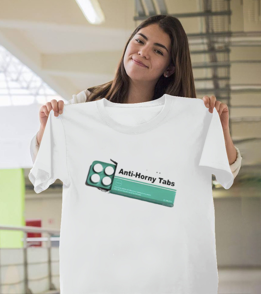 Anti-Horny Tabs Green Box Quirky Text Pills T-Shirt