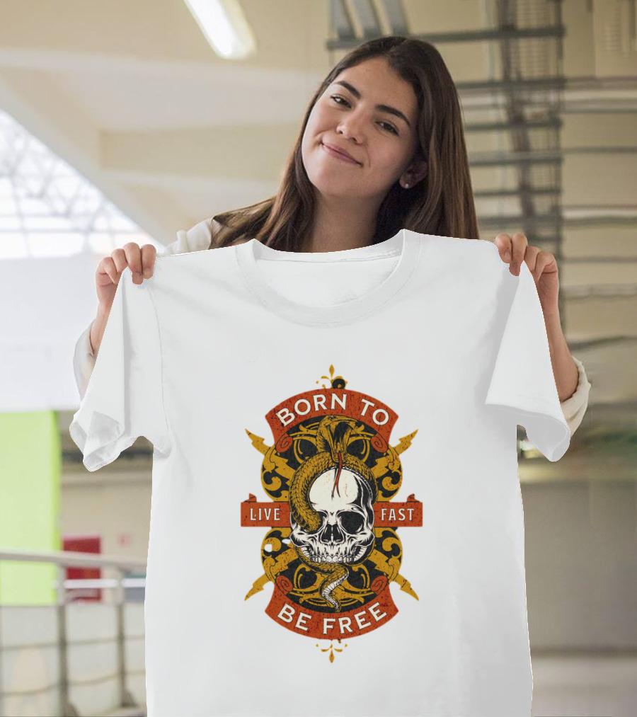 Born To Be Free Live Fast Skull with Snake and Ornate T-Shirt