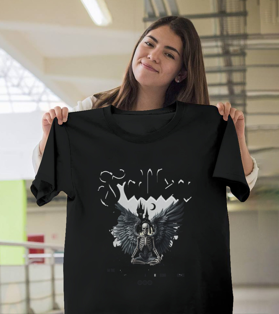 Fallen Skeleton Angel with Fractured Wings and Gothic Castle T-Shirt