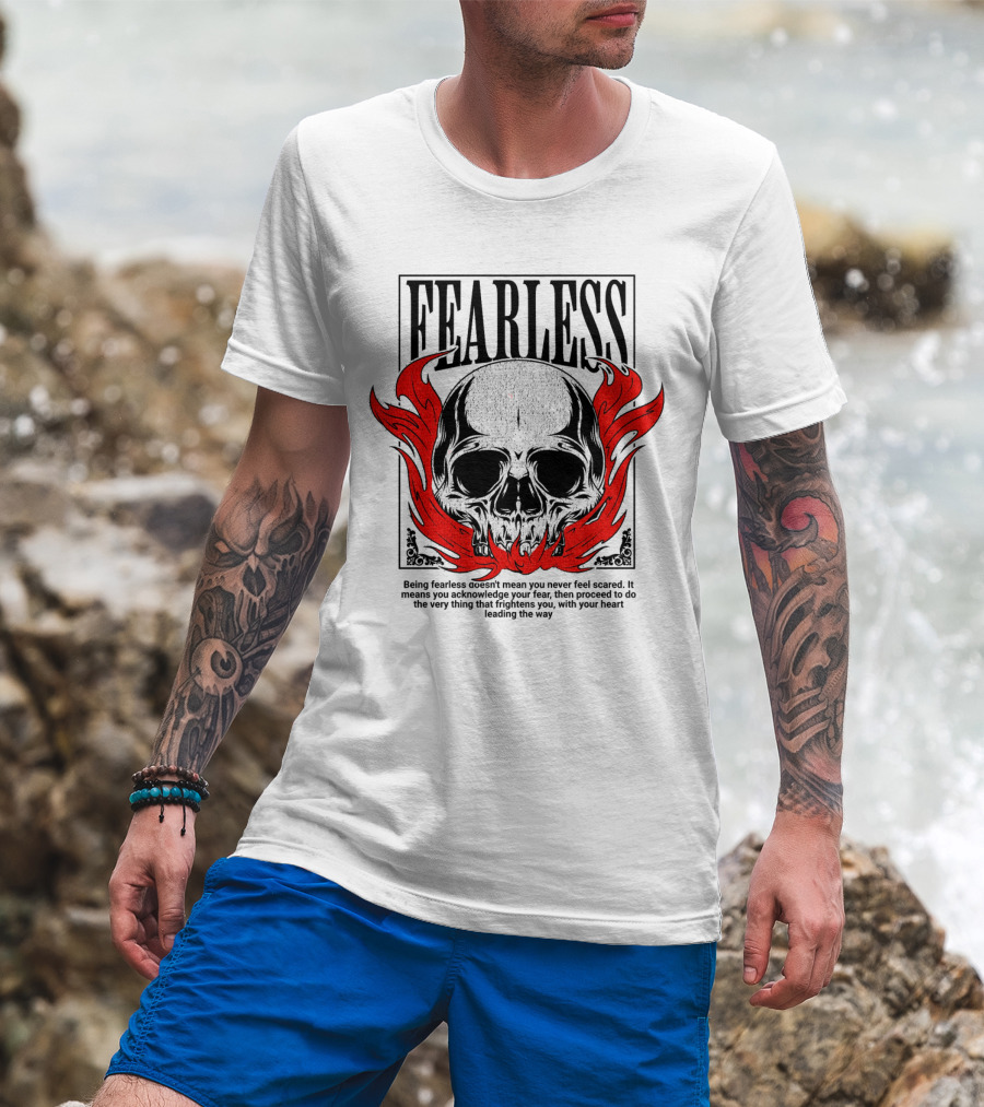 FEARLESS Skull With Red Flames Street Wear T-Shirt
