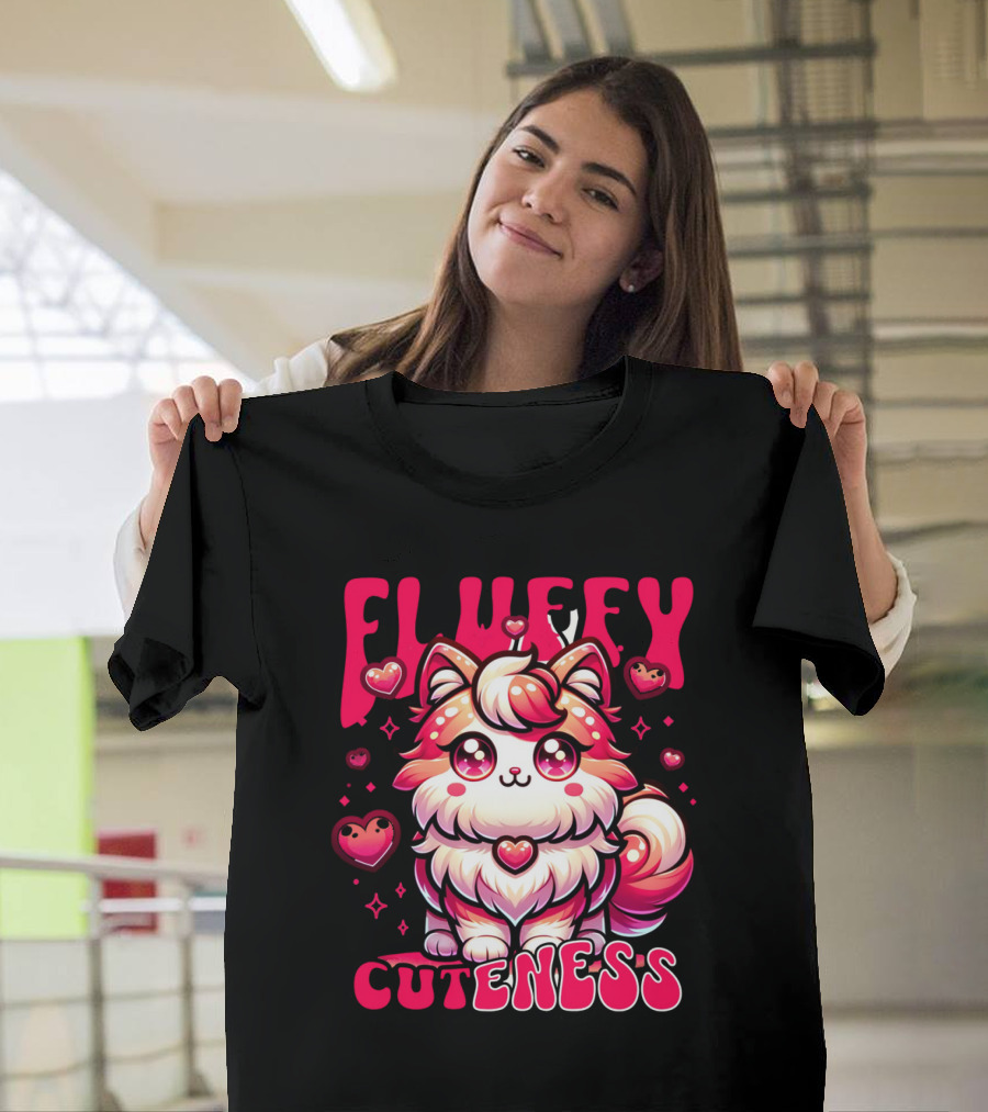FLUFFY CUTENESS Heart-Eyed Kawaii Creature Surrounded by Little Hearts T-Shirt