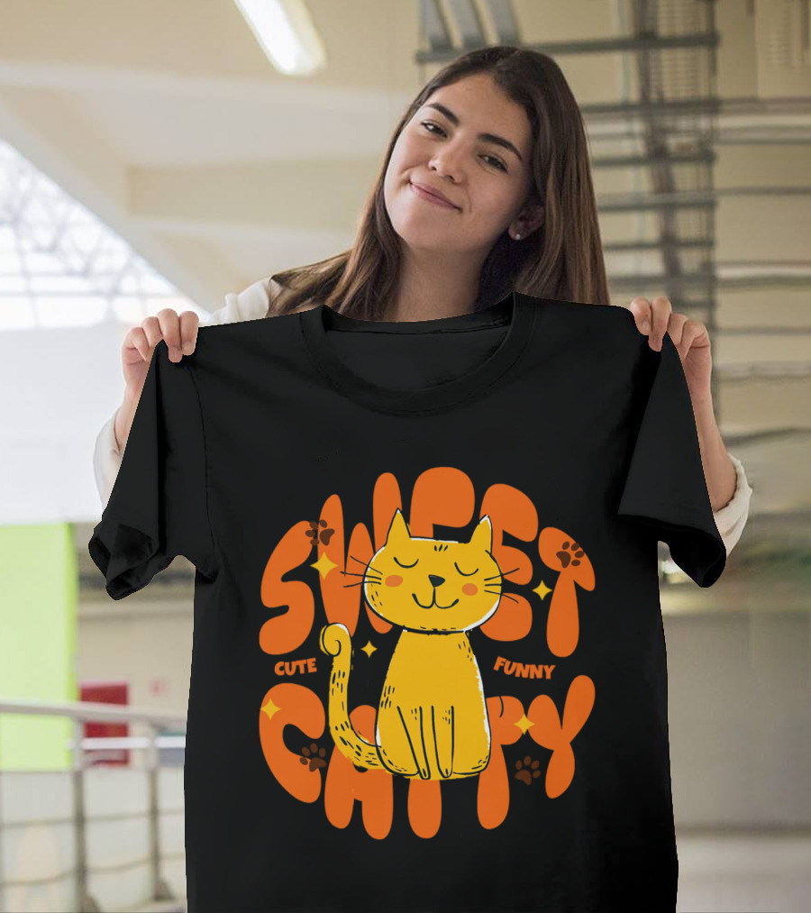 Cute Funny Sweet Cat Happy Yellow Cat With Paw Prints T-Shirt