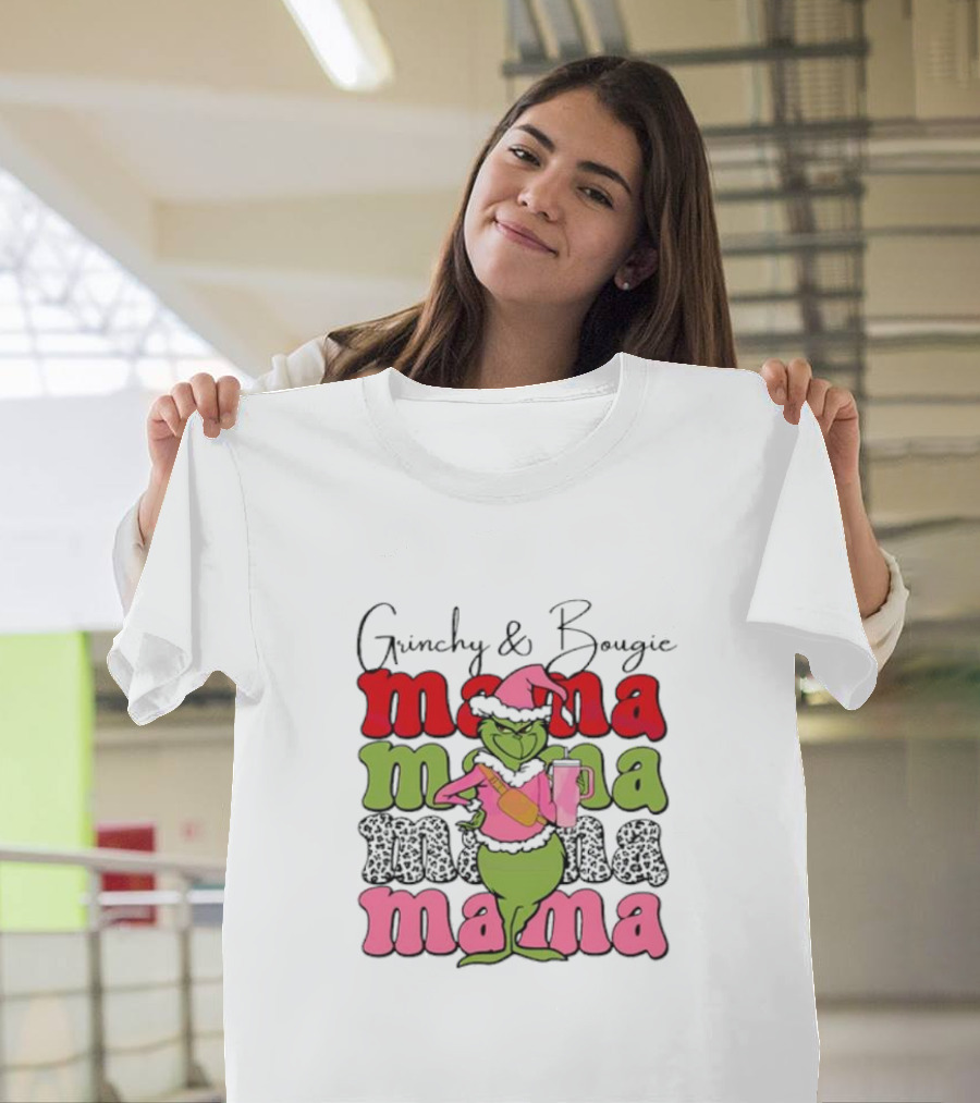 Grinchy and Bougie Mama Christmas with Festive Grinch Holding Champagne T-Shirt