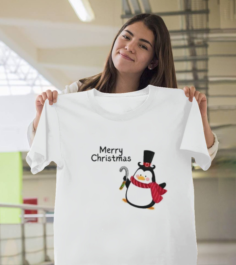 Merry Christmas Penguin With Candy Cane And Top Hat T-Shirt