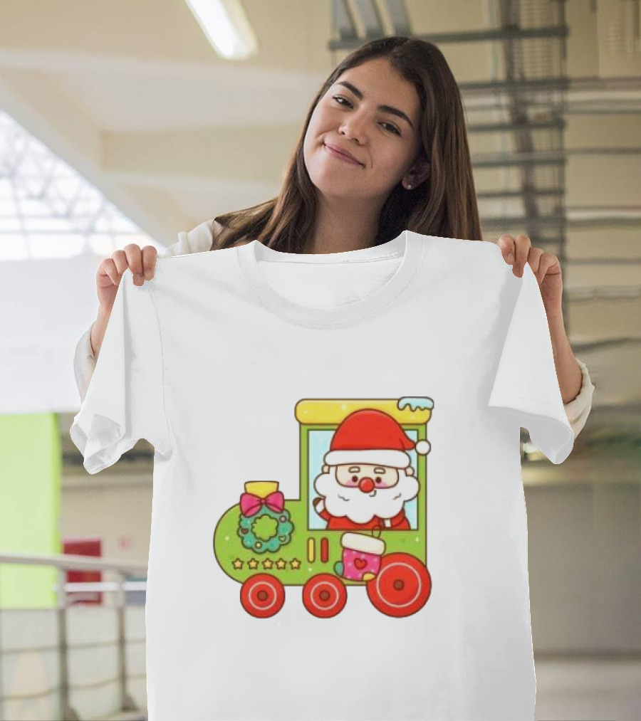 Santa Cute Christmas Train with Wreath and Stars T-Shirt