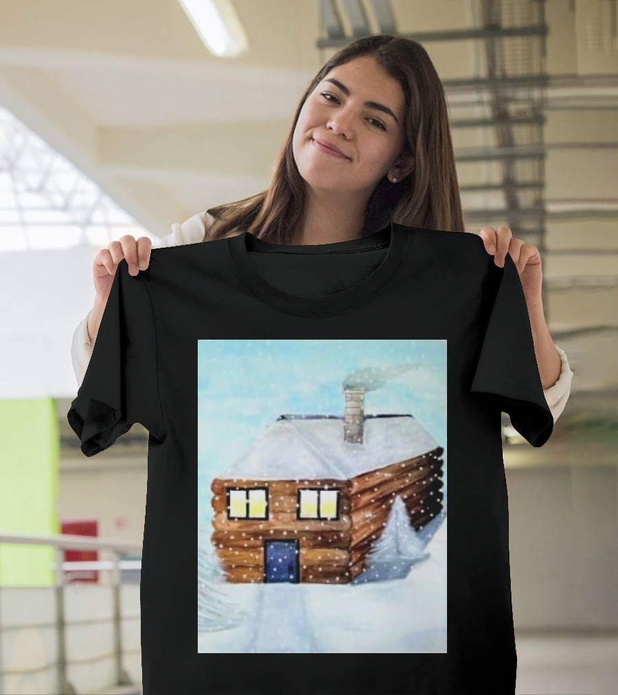 Snowy Log Cabin Christmas Scene with Snowfall T-Shirt