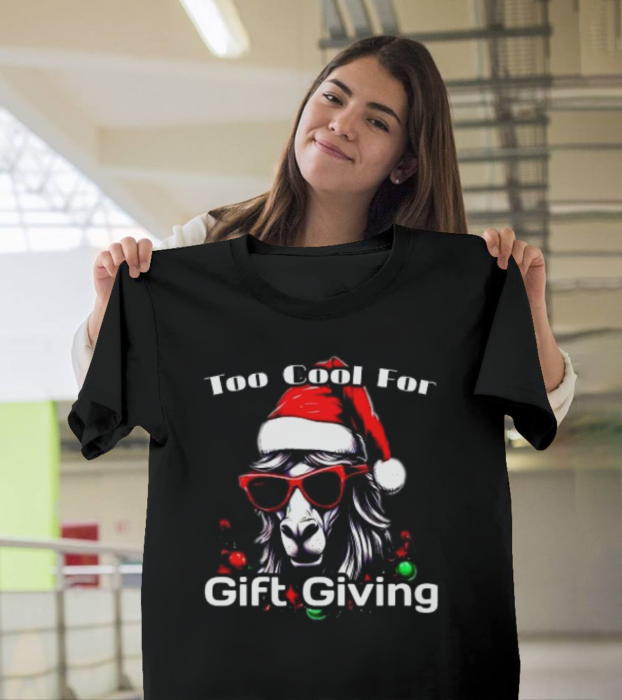 Too Cool for Gift Giving Unicorn Christmas Santa Hat Sunglasses T-Shirt
