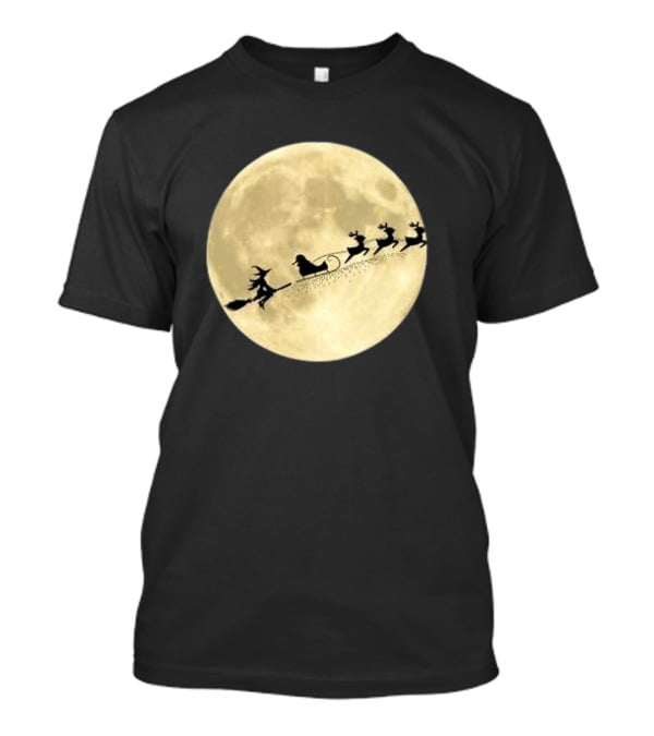 Witch Riding With Santa's Sleigh In Full Moon Christmas Scene T-Shirt