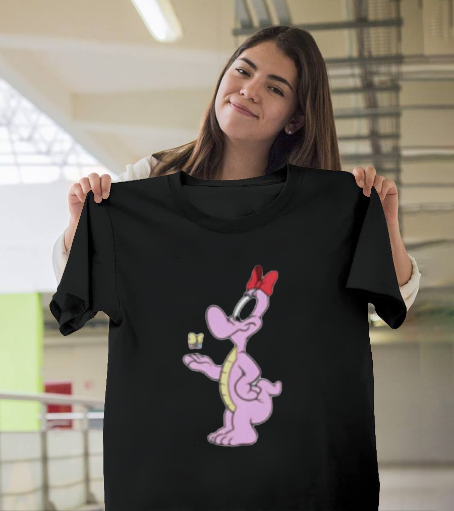 Pink Cartoon Dinosaur with Red Bow and Butterfly T-Shirt