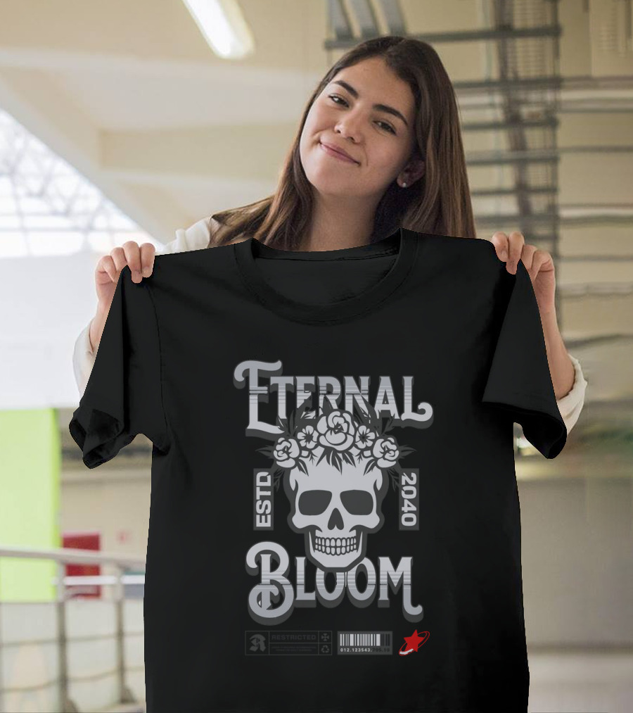 ETERNAL BLOOM ESTD 2040 Skull Roses Barcode Red Rocket T-Shirt