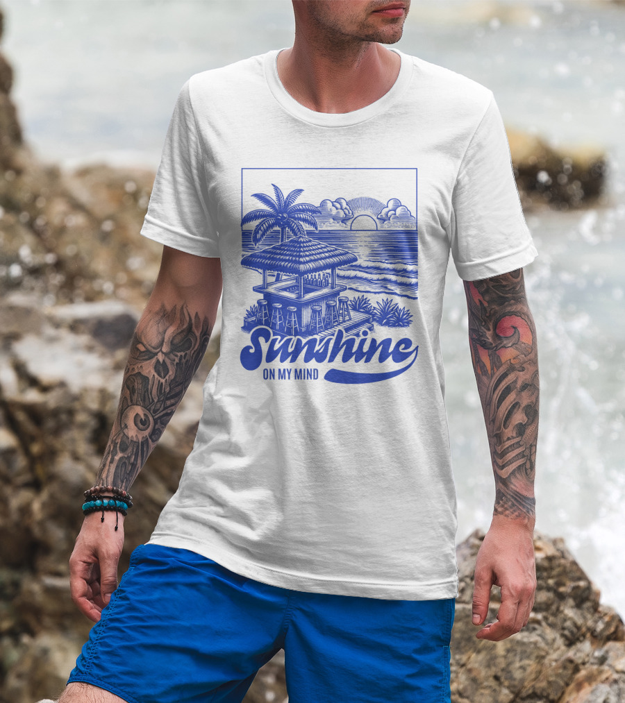 Sunshine On My Mind Vintage Beach Hut And Sunset Scene T-Shirt