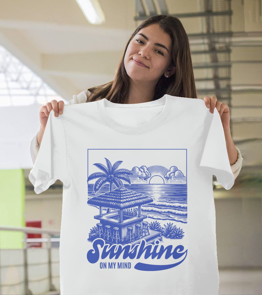 Sunshine On My Mind Vintage Beach Hut And Sunset Scene T-Shirt