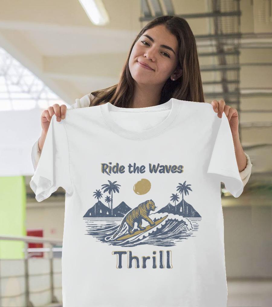 Ride the Waves Thrill Tiger Surf Moon Palms T-Shirt