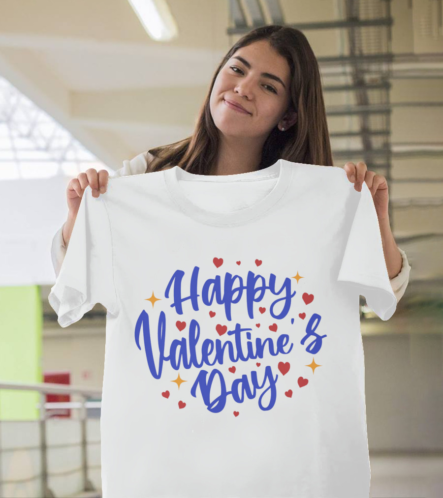 Happy Valentine's Day Blue Script with Hearts and Stars T-Shirt