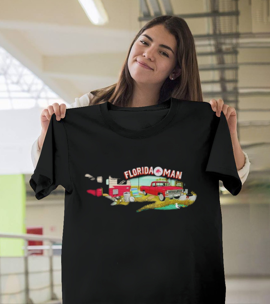 Florida Man Gator Trailer Retro Red Truck Scene T-Shirt