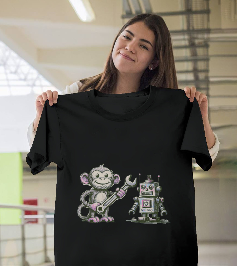 Monkey Wrench Holding Monkey And Robot Companion T-Shirt