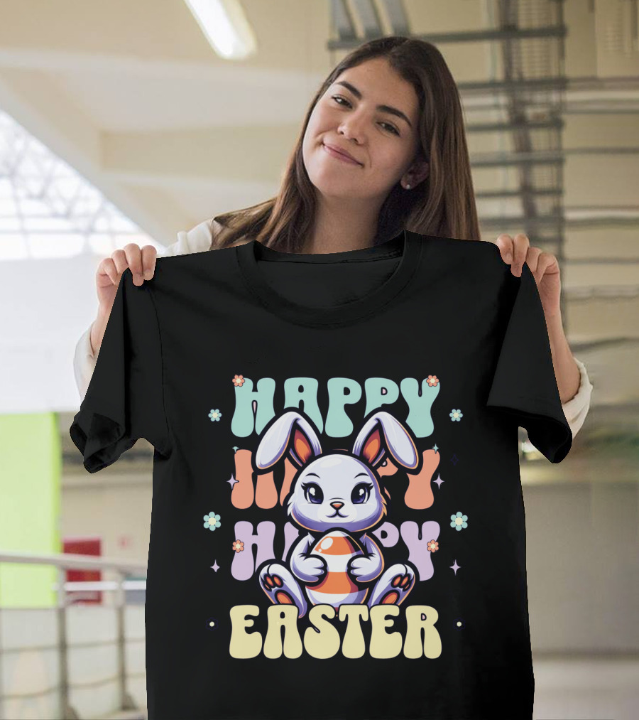Happy Easter Bunny Holding Egg Pastel Flowers T-Shirt