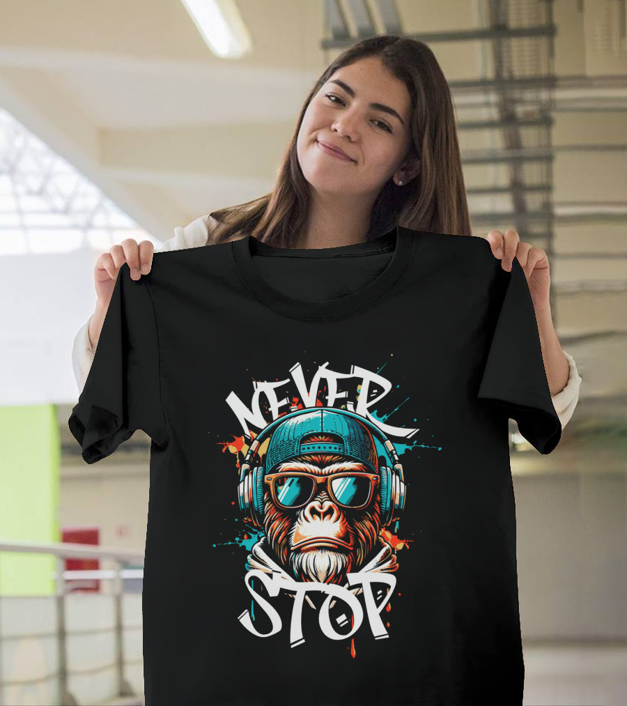 NEVER STOP Cool Monkey in Headphones T-Shirt