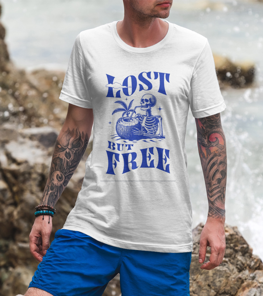 Lost But Free Skeleton With Coconut Drink Beach Vintage T-Shirt