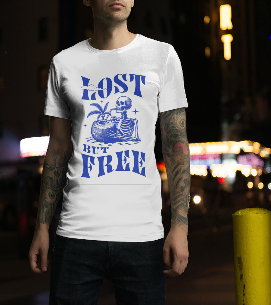 Lost But Free Skeleton With Coconut Drink Beach Vintage T-Shirt