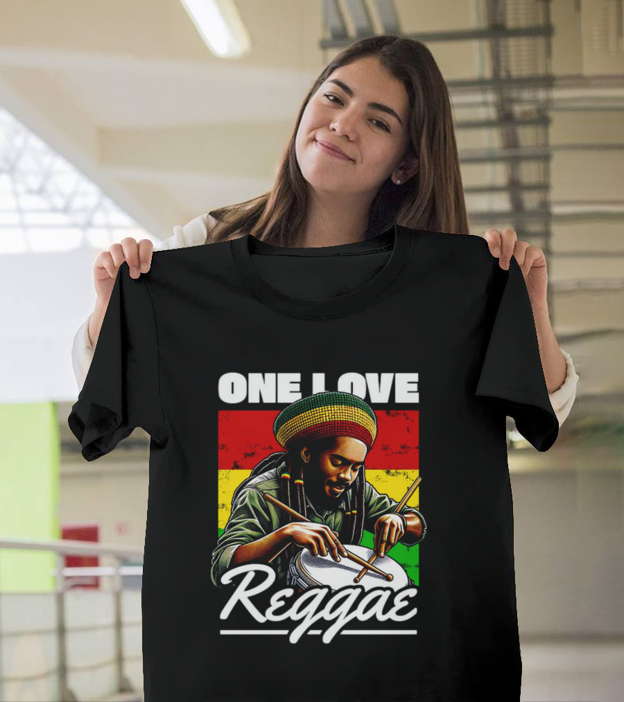 One Love Reggae Drummer With Rasta Colors T-Shirt