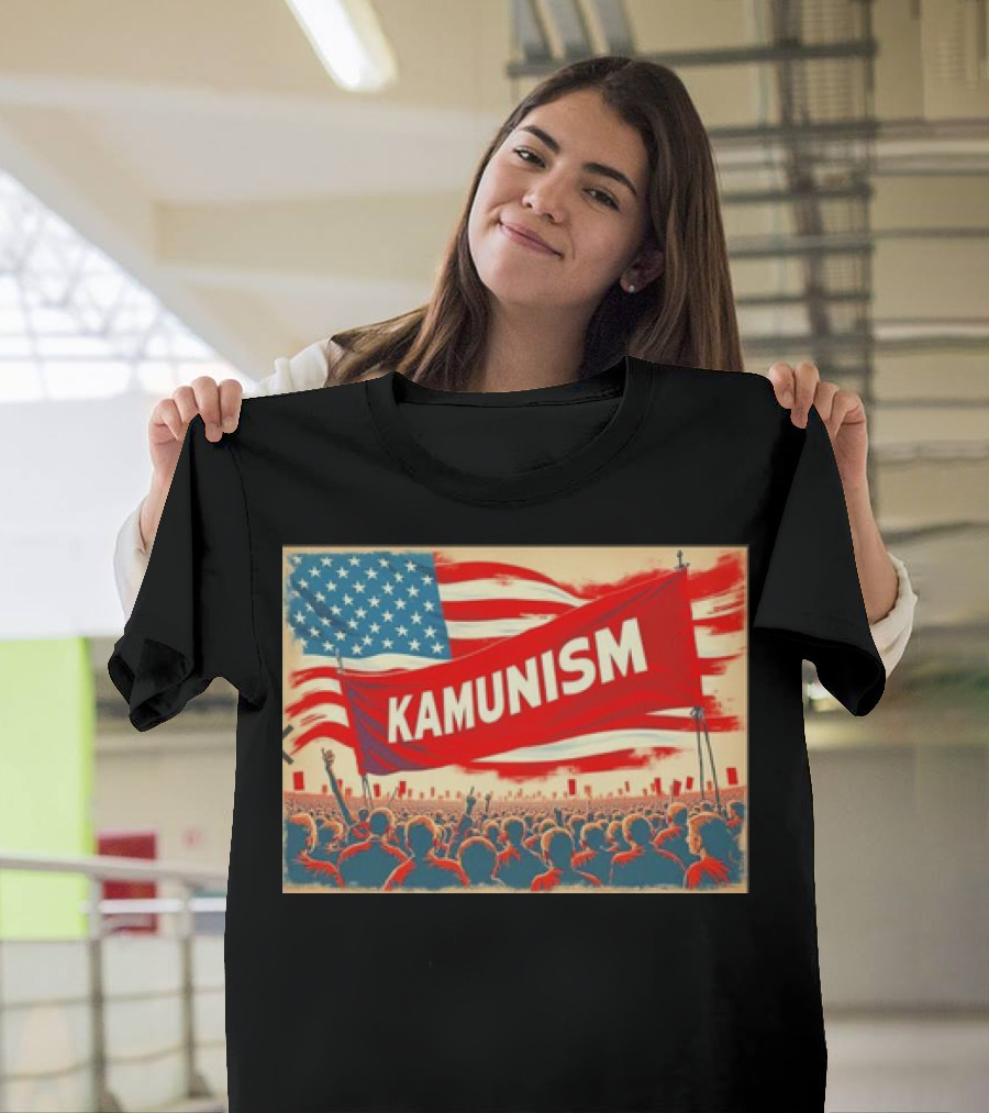 Kamunism Crowd Kamala Harris American Flag Red Banner Retro Propaganda T-Shirt