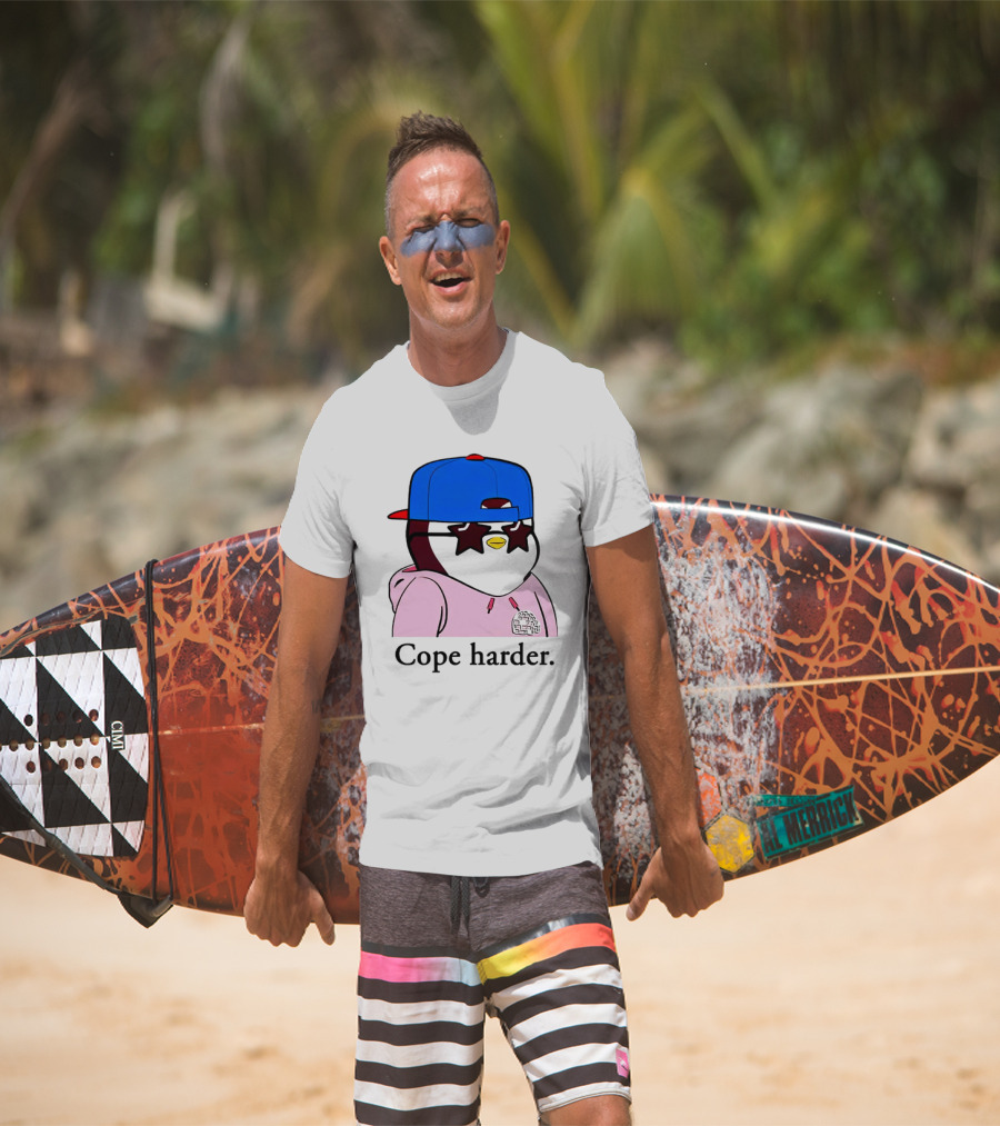 Pudgy Penguin Cope Harder Star Shades Blue Cap Pink T-Shirt