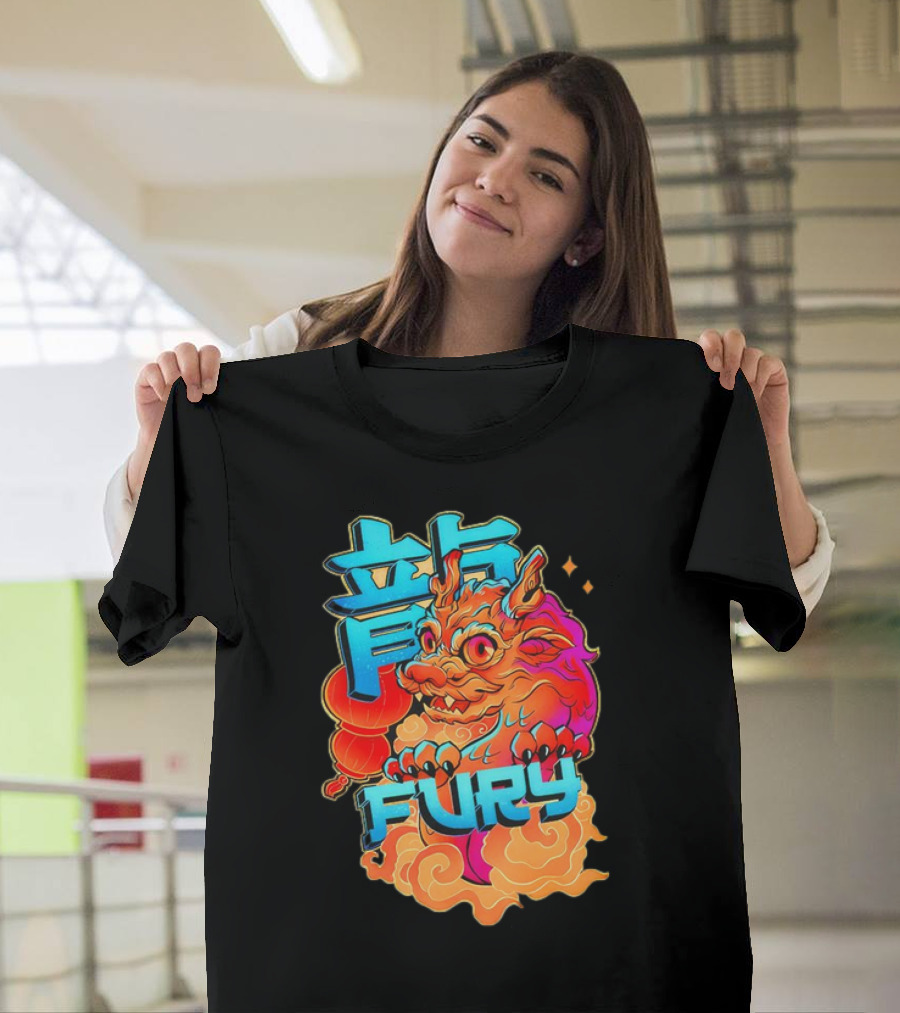Dragon Fury Vibrant Mythical Creature With Neon Chinese Characters T-Shirt