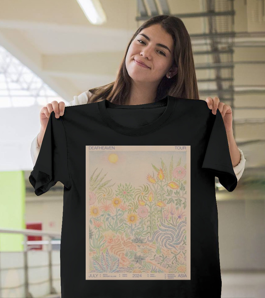 Deafheaven Tour July 2024 Asia Flora Illustration with Sun and Foliage T-Shirt