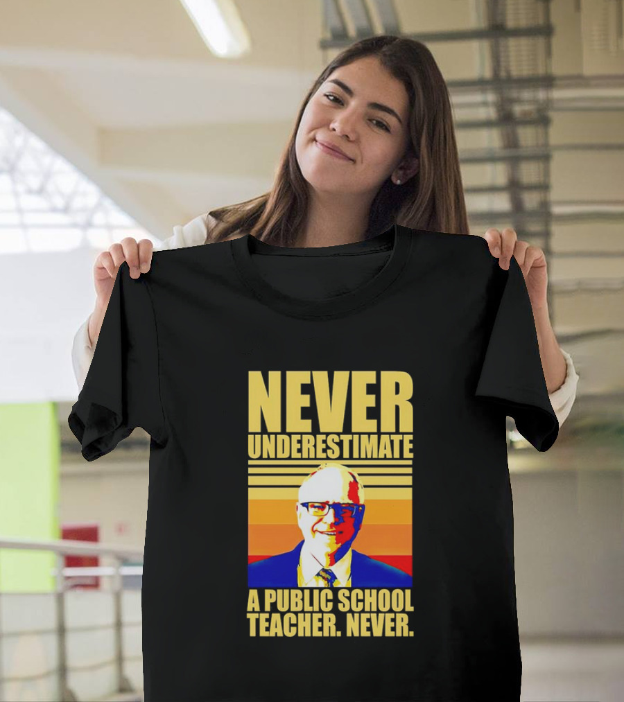 Never Underestimate A Public School Teacher Never Tim Walz Vintage Retro Stripes T-Shirt