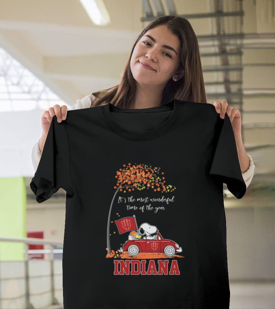 Indiana Hoosiers Snoopy And Woodstock Driving Car Fall It’s The Most Wonderful Time Of The Year T-Shirt