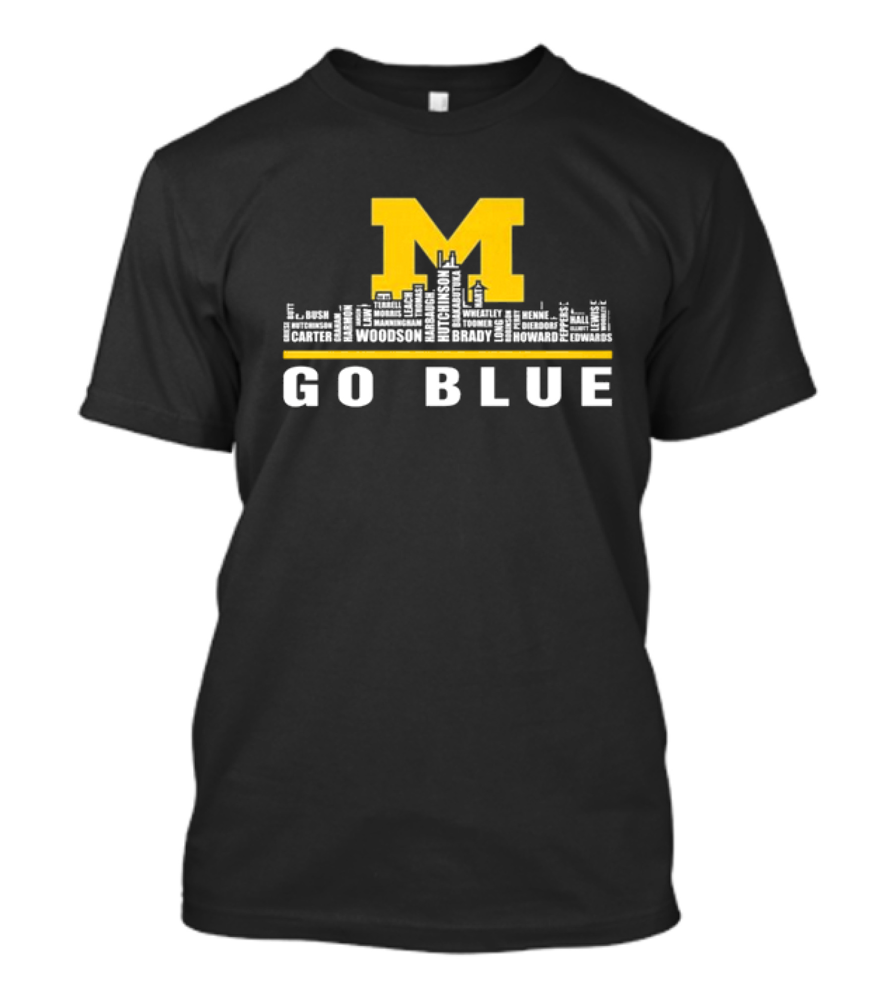 Michigan Wolverines Go Blue Skyline With Woodson Hutchinson Brady Names T-Shirt