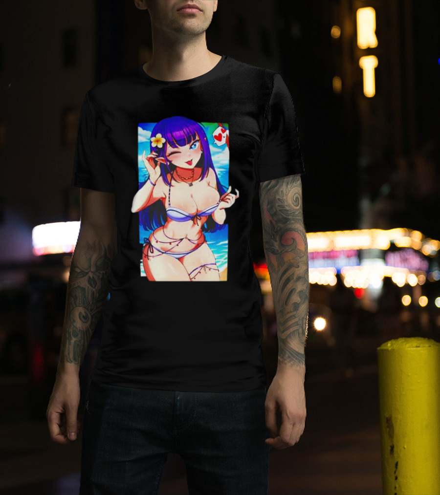 Hot Waifu Chika Fujiwara V2 Beach Anime Girl Winking Playing Card Flower Bikini T-Shirt