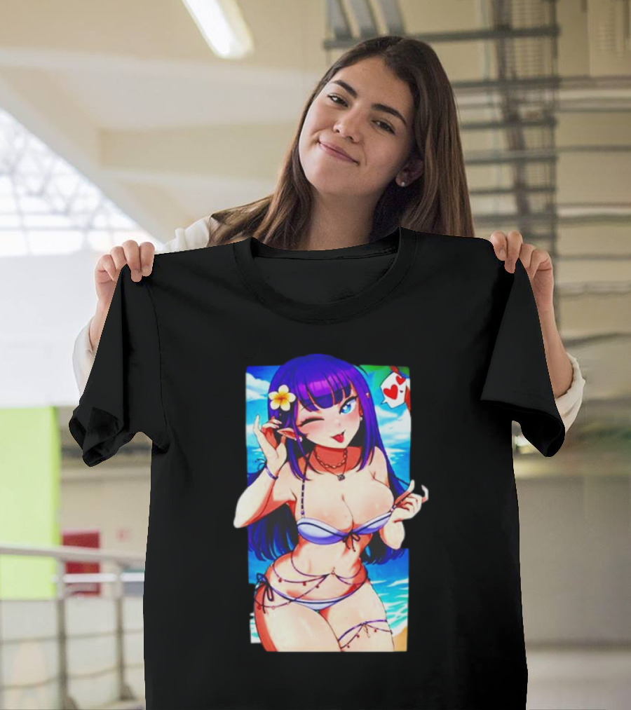 Hot Waifu Chika Fujiwara V2 Beach Anime Girl Winking Playing Card Flower Bikini T-Shirt