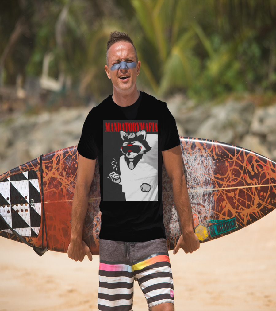 Mandatory Mafia Raccoon With Coffee IN Suit And Sunglasses T-Shirt