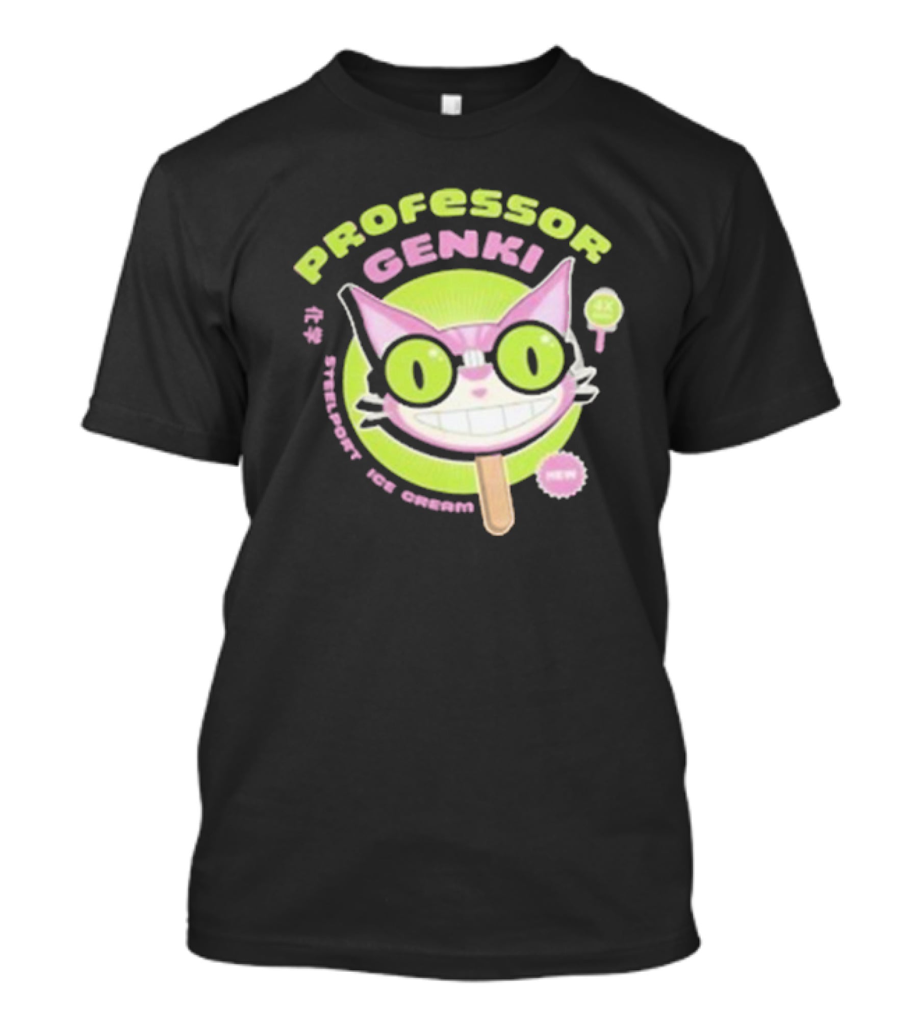 Professor Genki Steelport Ice Cream Cat Neon Green Pink Fun T-Shirt