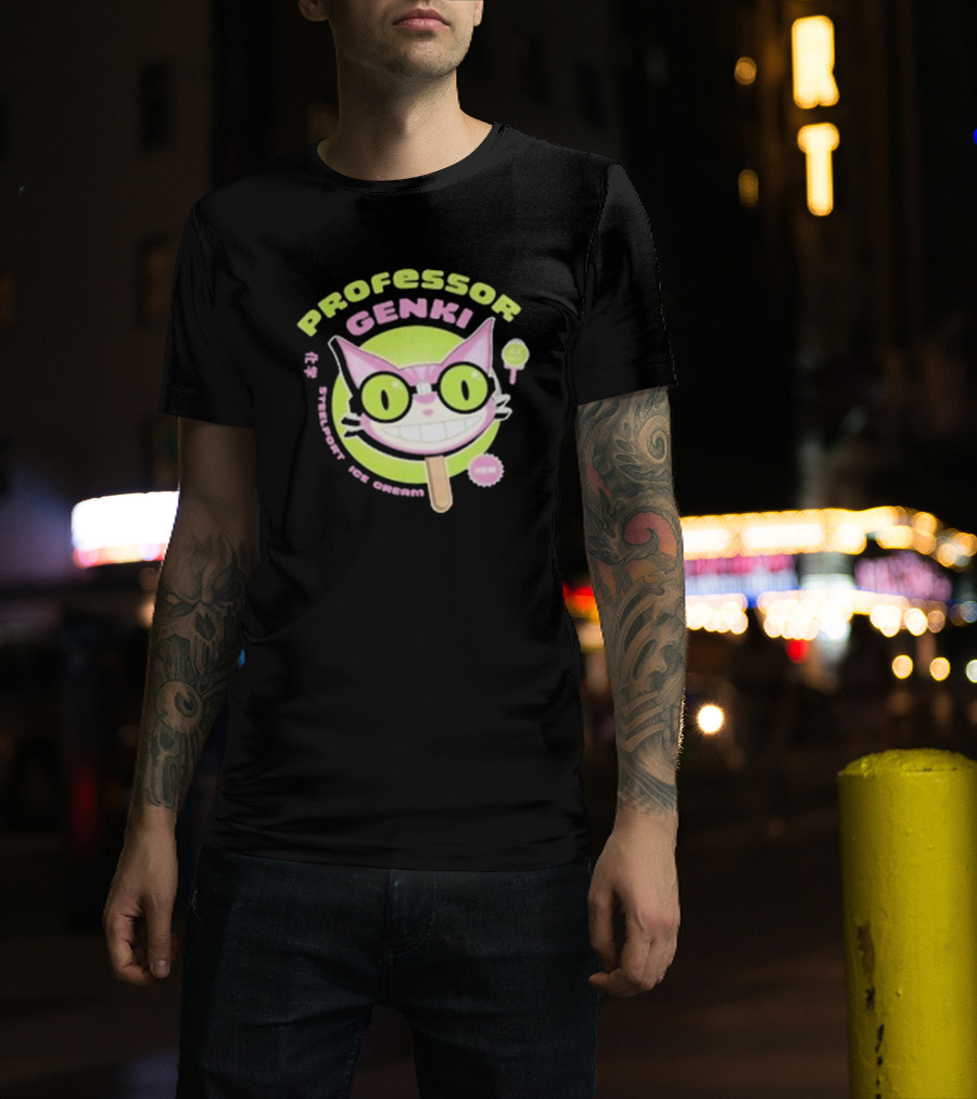 Professor Genki Steelport Ice Cream Cat Neon Green Pink Fun T-Shirt