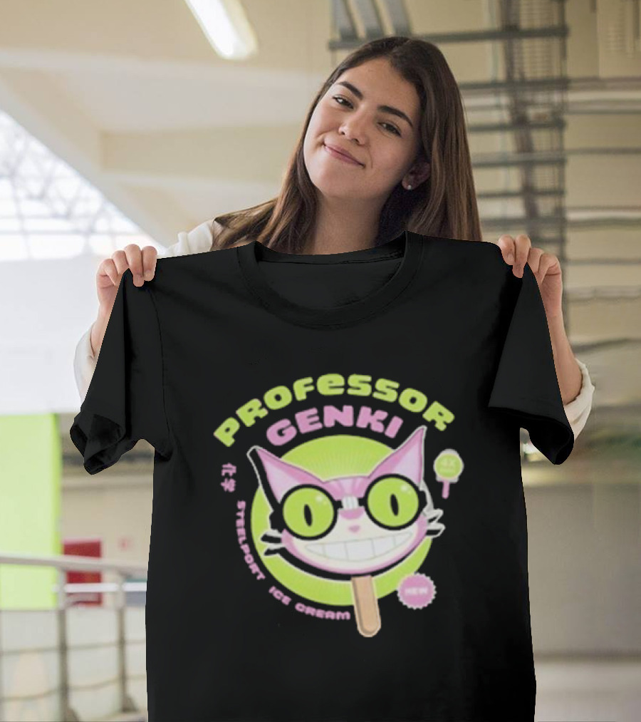 Professor Genki Steelport Ice Cream Cat Neon Green Pink Fun T-Shirt