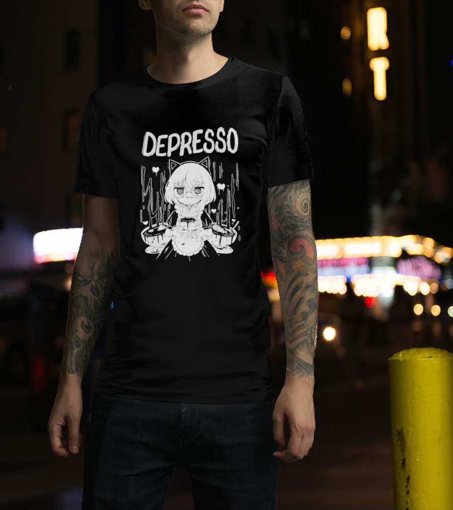 Depresso Cat-Eared Maid With Coffee Cups And Sad Expression T-Shirt