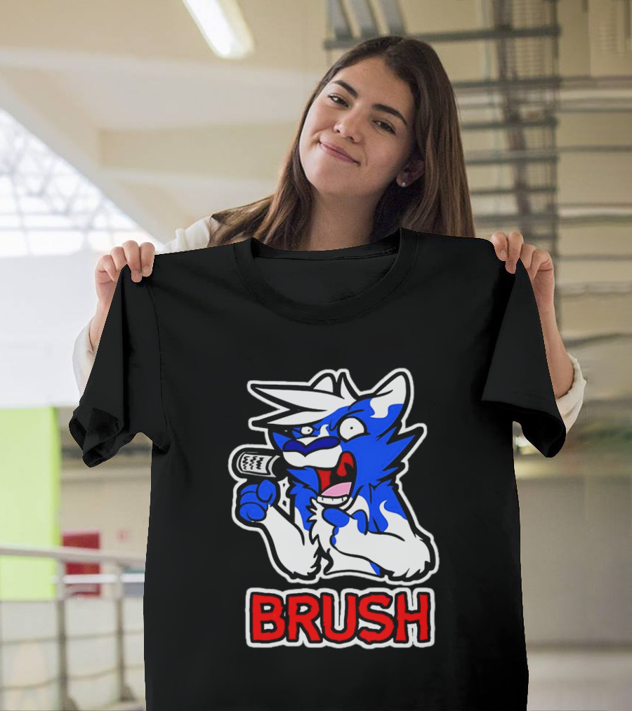 Fox Brush Cartoon Blue and White Character with Microphone T-Shirt