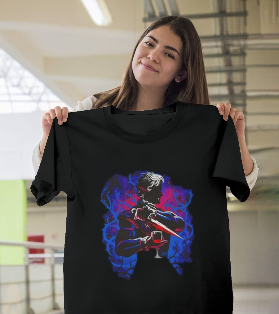 High Elf Vampire Dark Fantasy Silhouette with Dagger and Wine Glass T-Shirt