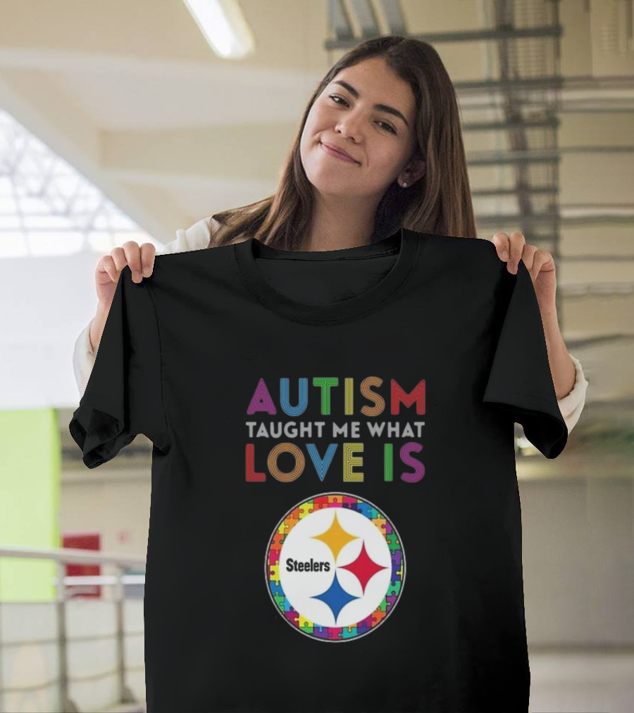 Autism Taught Me What Love Is Pittsburgh Steelers Puzzle T-Shirt