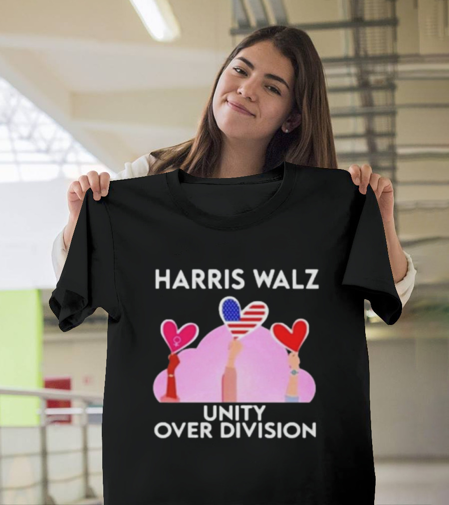 Harris Walz Unity Over Division 2024 Hearts American Flag T-Shirt