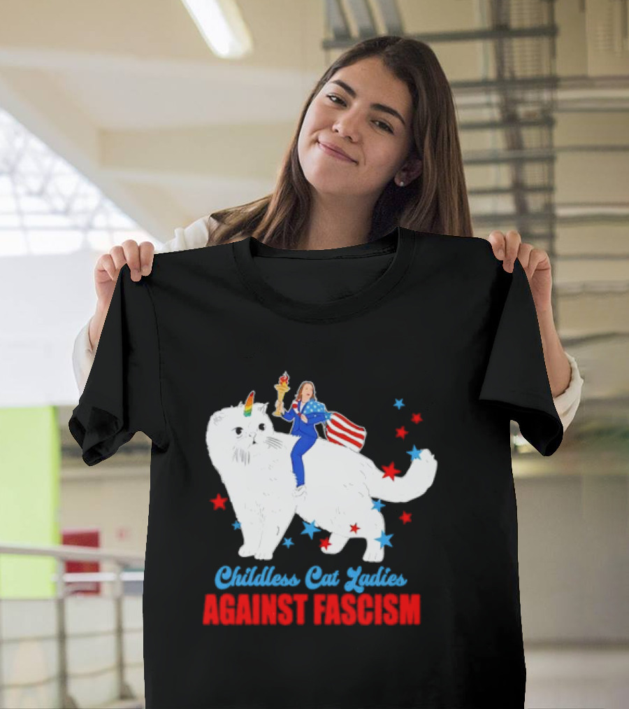 Childless Cat Ladies Against Fascism Kamala Harris Riding Unicorn Cat with Flag and Torch T-Shirt