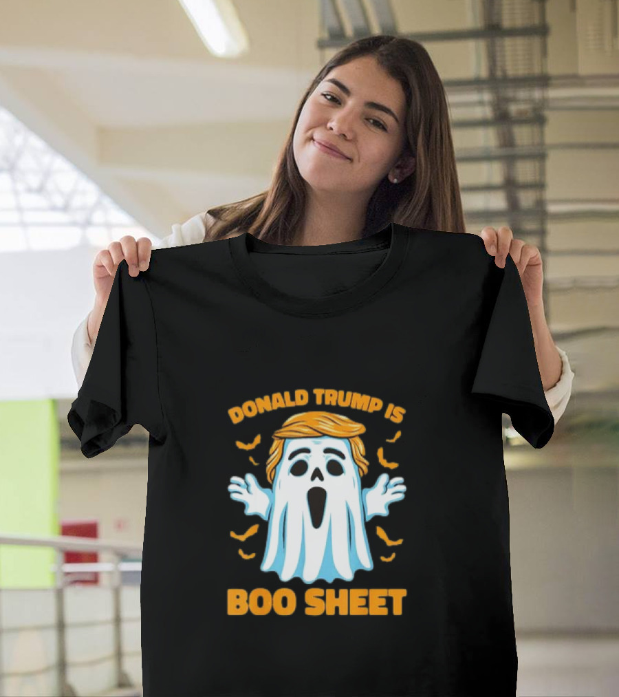 Donald Trump Is Boo Sheet Halloween Ghost with Orange Hair and Bats T-Shirt