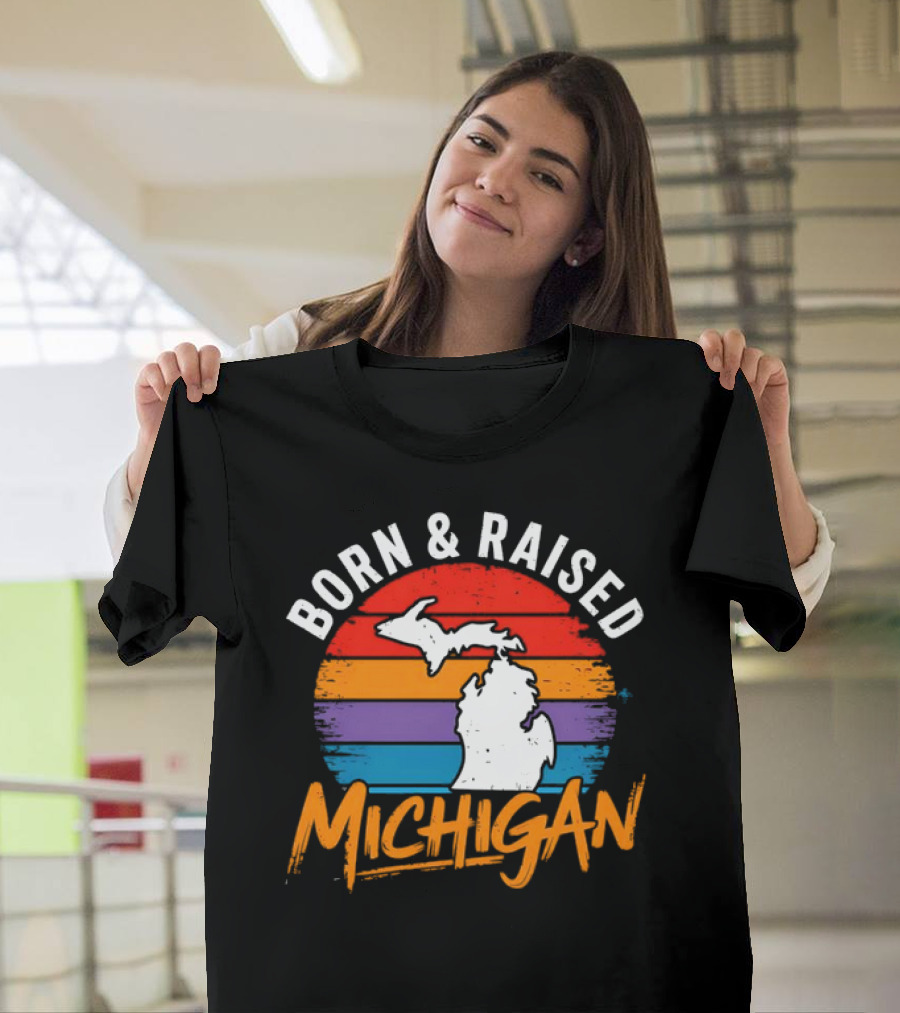 Born And Raised Michigan Vintage Sunset Map Stripes T-Shirt