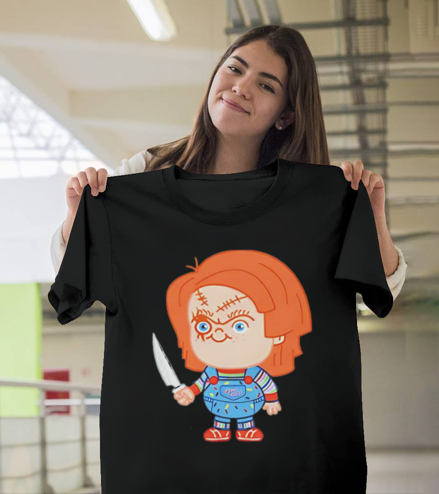 Chucky Evil Doll with Knife in Striped Lovely Overalls T-Shirt